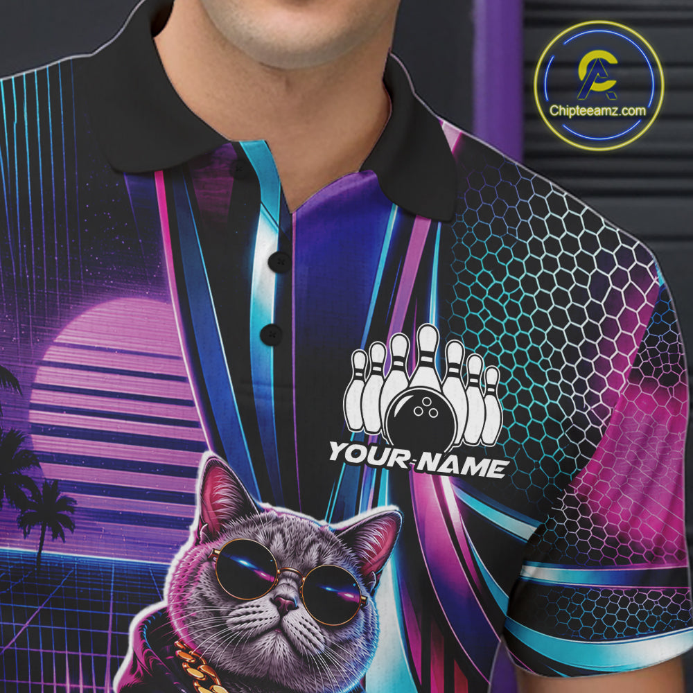 Custom Neon Funny Cat Bowling Team Men Polo Shirt, Retro Cat Lovers Gift For Bowlers IPHW12242