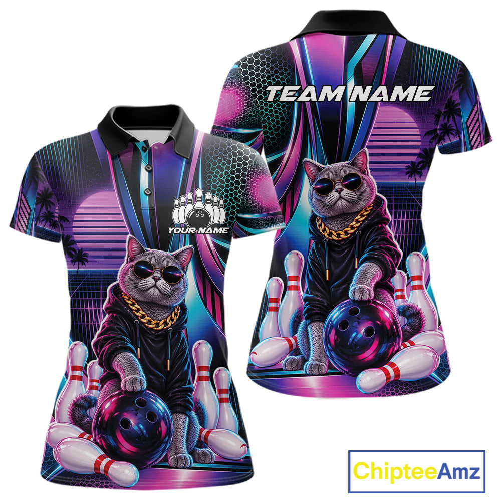 Custom Neon Funny Cat Bowling Team Women Polo Shirt, Retro Cat Lovers Gift For Bowlers IPHW12242