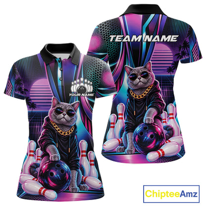 Custom Neon Funny Cat Bowling Team Women Polo Shirt, Retro Cat Lovers Gift For Bowlers IPHW12242