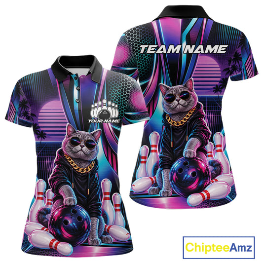 Custom Neon Funny Cat Bowling Team Women Polo Shirt, Retro Cat Lovers Gift For Bowlers IPHW12242