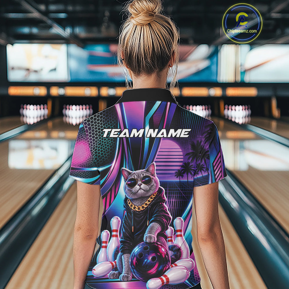 Custom Neon Funny Cat Bowling Team Women Polo Shirt, Retro Cat Lovers Gift For Bowlers IPHW12242