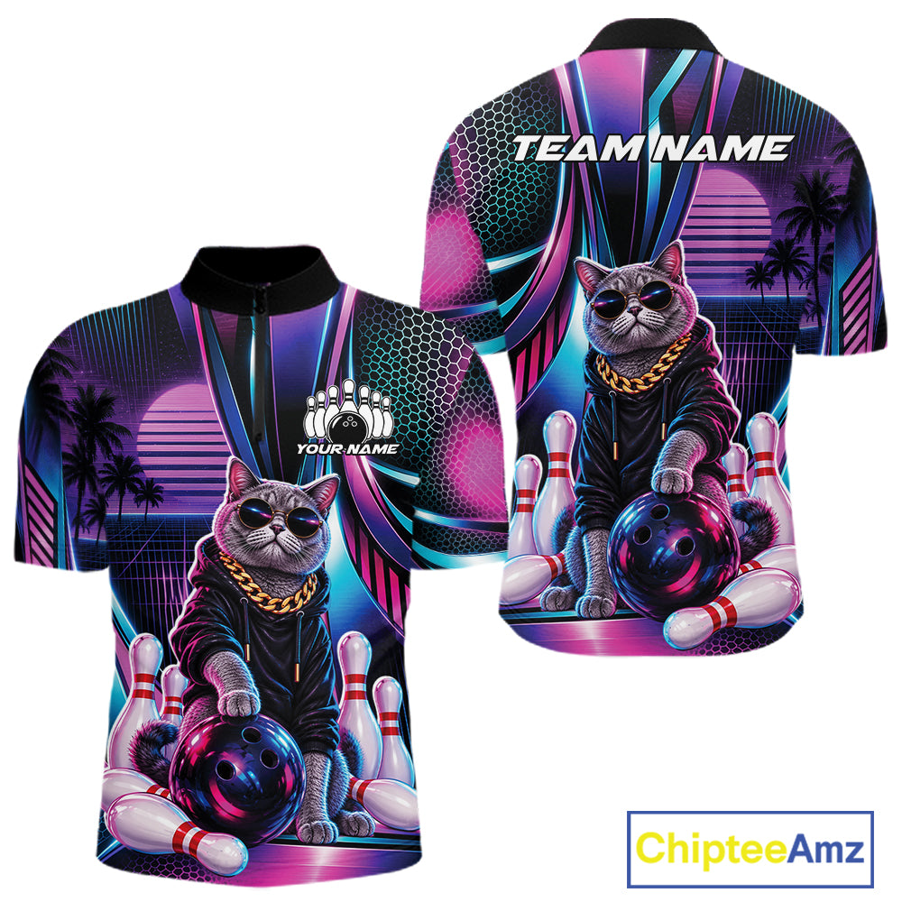 Custom Neon Funny Cat Bowling Team Men Quarter Zip Shirt, Retro Cat Lovers Gift For Bowlers IPHW12242