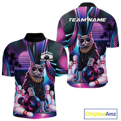 Custom Neon Funny Cat Bowling Team Men Quarter Zip Shirt, Retro Cat Lovers Gift For Bowlers IPHW12242