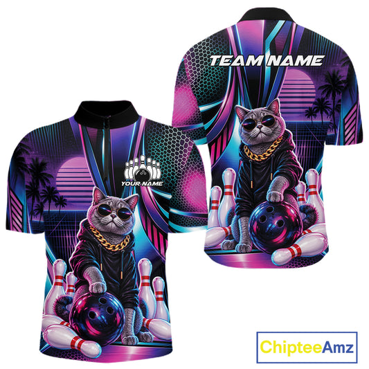 Custom Neon Funny Cat Bowling Team Men Quarter Zip Shirt, Retro Cat Lovers Gift For Bowlers IPHW12242