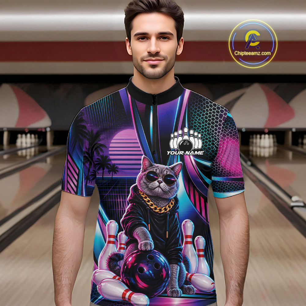 Custom Neon Funny Cat Bowling Team Men Quarter Zip Shirt, Retro Cat Lovers Gift For Bowlers IPHW12242