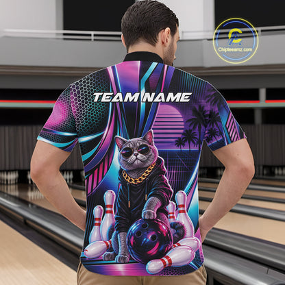 Custom Neon Funny Cat Bowling Team Men Quarter Zip Shirt, Retro Cat Lovers Gift For Bowlers IPHW12242