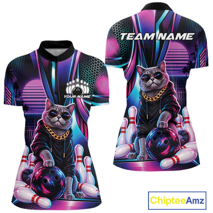 Custom Neon Funny Cat Bowling Women Quarter-Zip Shirt, Retro Cat Lovers Gift For Bowlers IPHW12242