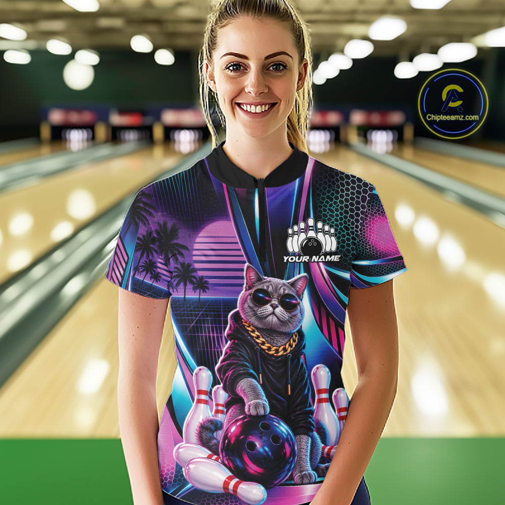 Custom Neon Funny Cat Bowling Women Quarter-Zip Shirt, Retro Cat Lovers Gift For Bowlers IPHW12242