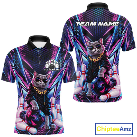 Custom Neon Funny Cat Bowling Team Men Polo Shirt, Cat Lovers Gift For Bowlers Bowling Jersey IPHW12243