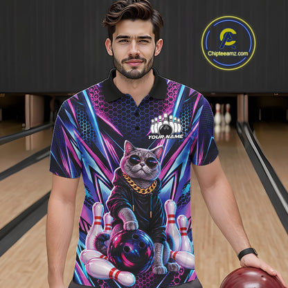 Custom Neon Funny Cat Bowling Team Men Polo Shirt, Cat Lovers Gift For Bowlers Bowling Jersey IPHW12243