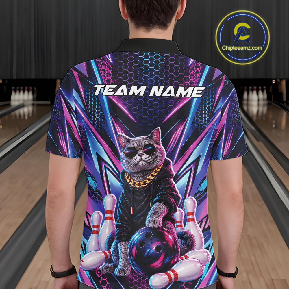 Custom Neon Funny Cat Bowling Team Men Polo Shirt, Cat Lovers Gift For Bowlers Bowling Jersey IPHW12243