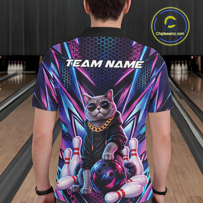 Custom Neon Funny Cat Bowling Team Men Polo Shirt, Cat Lovers Gift For Bowlers Bowling Jersey IPHW12243