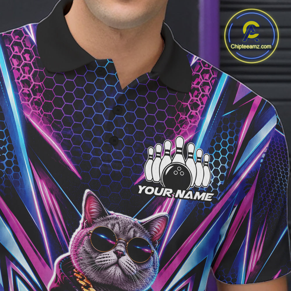 Custom Neon Funny Cat Bowling Team Men Polo Shirt, Cat Lovers Gift For Bowlers Bowling Jersey IPHW12243