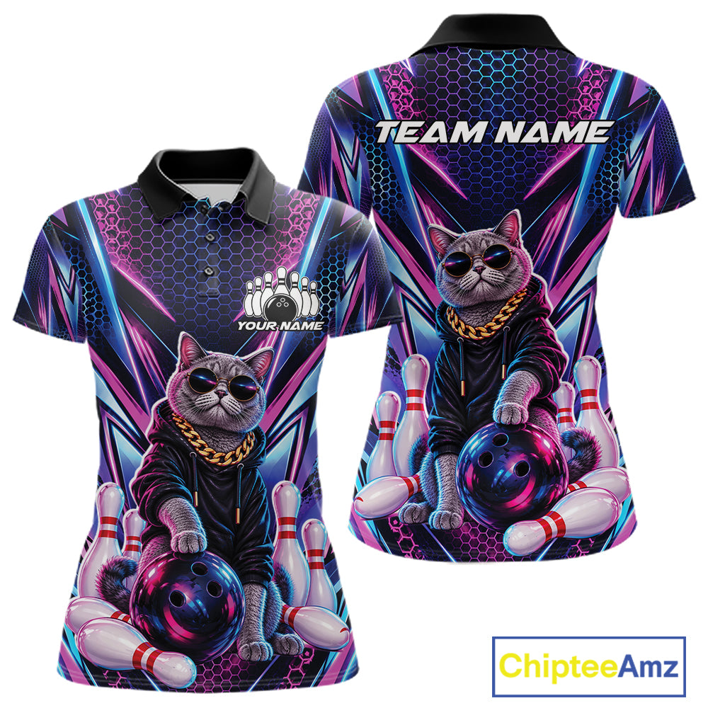 Custom Neon Funny Cat Bowling Women Polo Shirt, Cat Lovers Gift For Bowlers Bowling Jersey IPHW12243