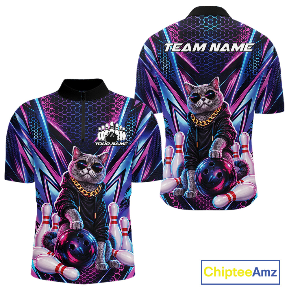 Custom Neon Funny Cat Bowling Team Quarter Zip Shirt, Cat Lovers Gift For Bowlers Bowling Jersey IPHW12243