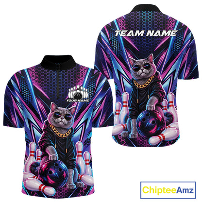 Custom Neon Funny Cat Bowling Team Quarter Zip Shirt, Cat Lovers Gift For Bowlers Bowling Jersey IPHW12243