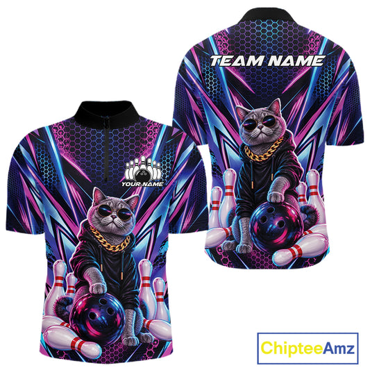 Custom Neon Funny Cat Bowling Team Quarter Zip Shirt, Cat Lovers Gift For Bowlers Bowling Jersey IPHW12243