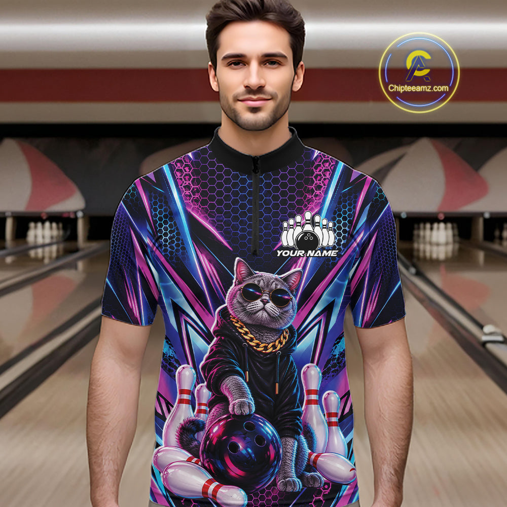 Custom Neon Funny Cat Bowling Team Quarter Zip Shirt, Cat Lovers Gift For Bowlers Bowling Jersey IPHW12243