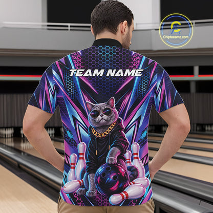 Custom Neon Funny Cat Bowling Team Quarter Zip Shirt, Cat Lovers Gift For Bowlers Bowling Jersey IPHW12243
