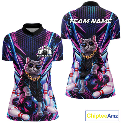 Custom Neon Funny Cat Bowling Women Quarter-Zip Shirt, Gift For Bowlers Bowling Jersey IPHW12243