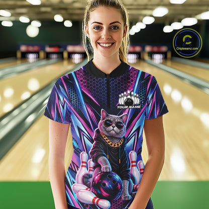 Custom Neon Funny Cat Bowling Women Quarter-Zip Shirt, Gift For Bowlers Bowling Jersey IPHW12243