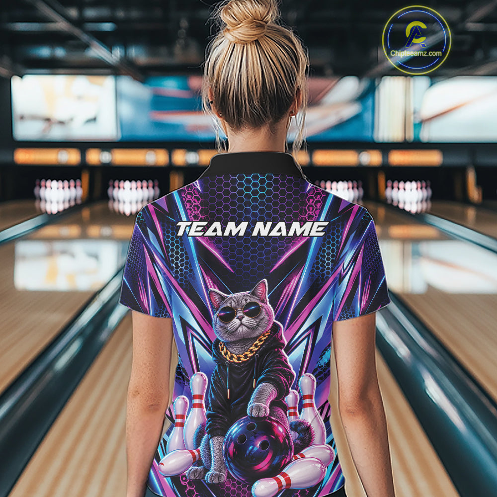 Custom Neon Funny Cat Bowling Women Quarter-Zip Shirt, Gift For Bowlers Bowling Jersey IPHW12243