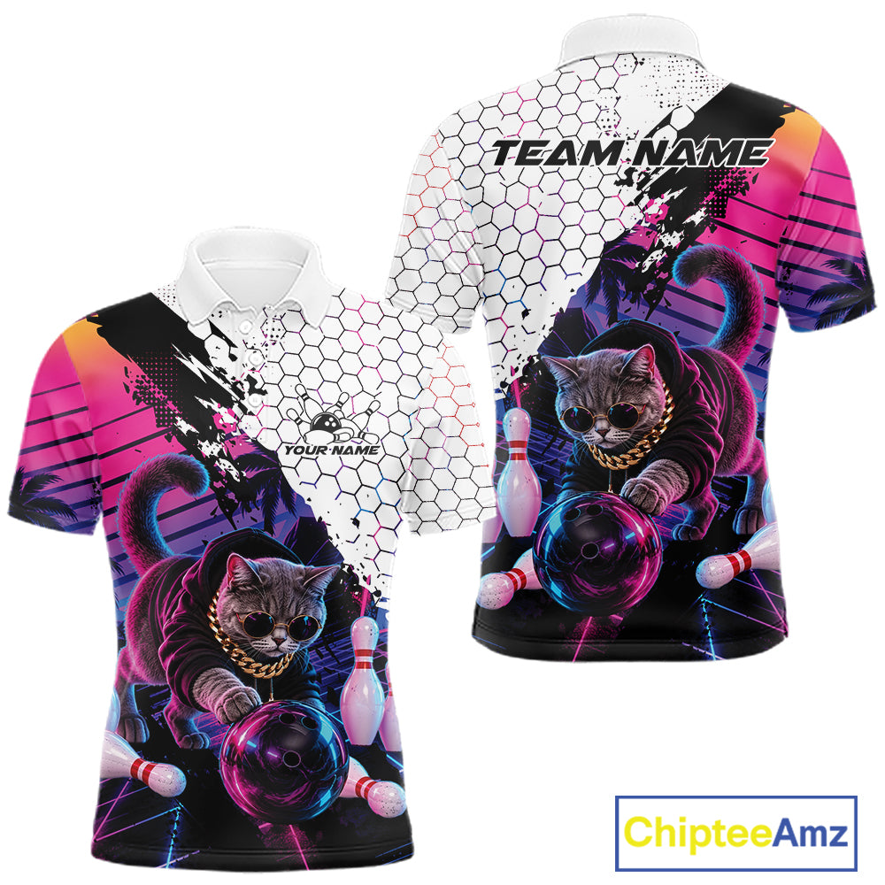 Custom Neon Funny Cat Bowling Team Men Polo Shirt, Retro Cat Lovers Gift For Bowlers IPHW12244