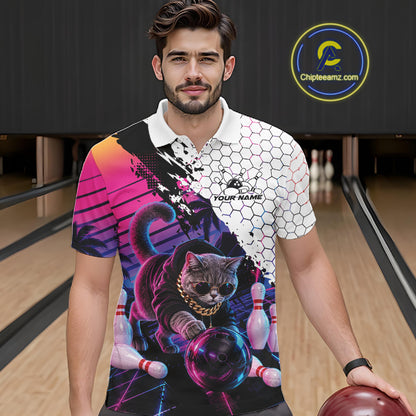 Custom Neon Funny Cat Bowling Team Men Polo Shirt, Retro Cat Lovers Gift For Bowlers IPHW12244
