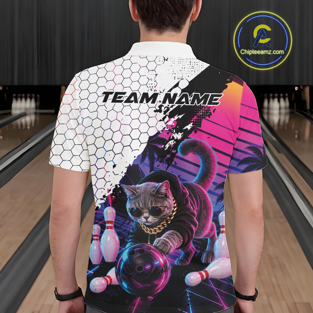 Custom Neon Funny Cat Bowling Team Men Polo Shirt, Retro Cat Lovers Gift For Bowlers IPHW12244