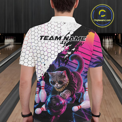 Custom Neon Funny Cat Bowling Team Men Polo Shirt, Retro Cat Lovers Gift For Bowlers IPHW12244