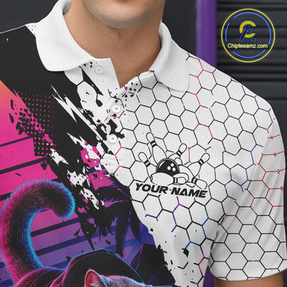 Custom Neon Funny Cat Bowling Team Men Polo Shirt, Retro Cat Lovers Gift For Bowlers IPHW12244
