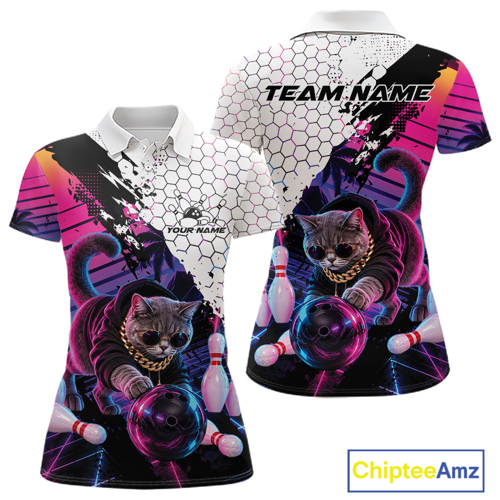 Custom Neon Funny Cat Bowling Team Women Polo Shirt, Retro Cat Lovers Gift For Bowlers IPHW12244