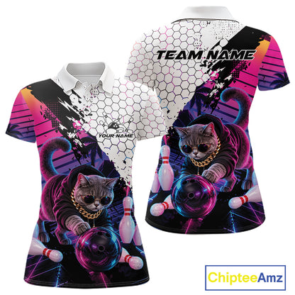 Custom Neon Funny Cat Bowling Team Women Polo Shirt, Retro Cat Lovers Gift For Bowlers IPHW12244
