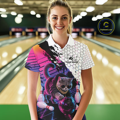 Custom Neon Funny Cat Bowling Team Women Polo Shirt, Retro Cat Lovers Gift For Bowlers IPHW12244