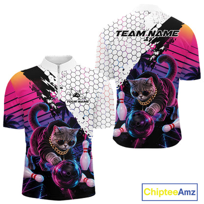 Custom Neon Funny Cat Bowling Team Men Quarter Zip Shirt, Retro Cat Lovers Gift For Bowlers IPHW12244