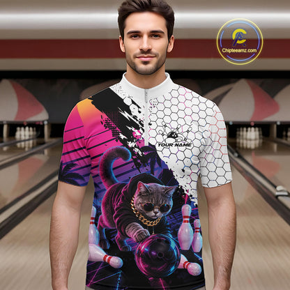 Custom Neon Funny Cat Bowling Team Men Quarter Zip Shirt, Retro Cat Lovers Gift For Bowlers IPHW12244