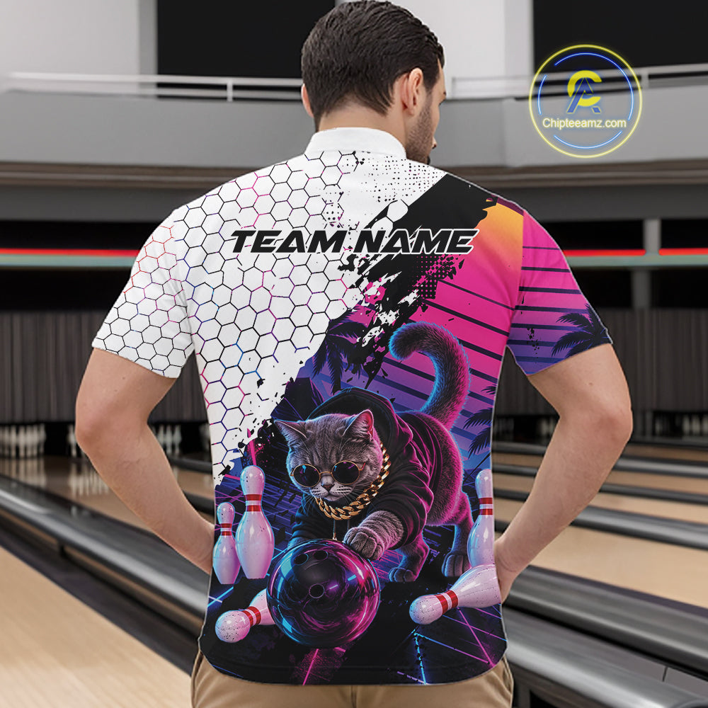 Custom Neon Funny Cat Bowling Team Men Quarter Zip Shirt, Retro Cat Lovers Gift For Bowlers IPHW12244