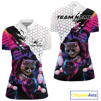 Custom Neon Funny Cat Bowling Women Quarter-Zip Shirt, Retro Cat Lovers Gift For Bowlers IPHW12244