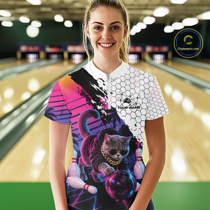 Custom Neon Funny Cat Bowling Women Quarter-Zip Shirt, Retro Cat Lovers Gift For Bowlers IPHW12244