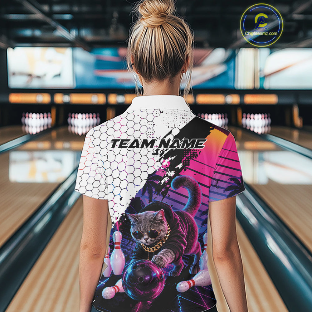 Custom Neon Funny Cat Bowling Women Quarter-Zip Shirt, Retro Cat Lovers Gift For Bowlers IPHW12244