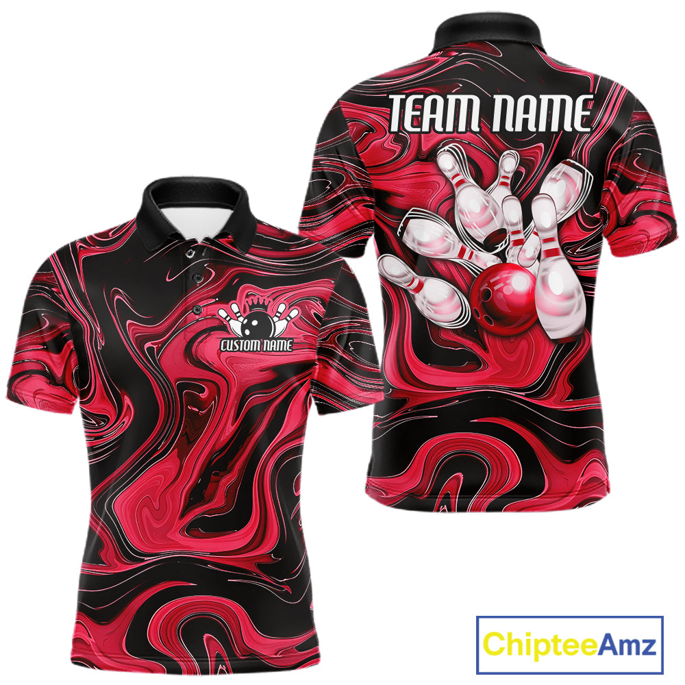 Custom Black And Red Liquid Marble Bowling Team Men Polo Shirt, Bowler Jersey IPHW12714