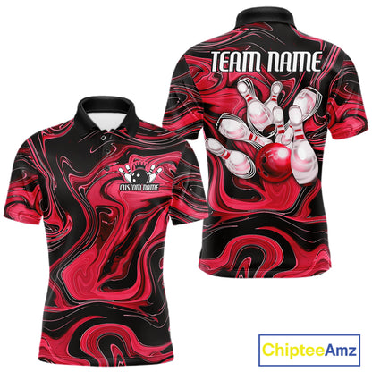 Custom Black And Red Liquid Marble Bowling Team Men Polo Shirt, Bowler Jersey IPHW12714