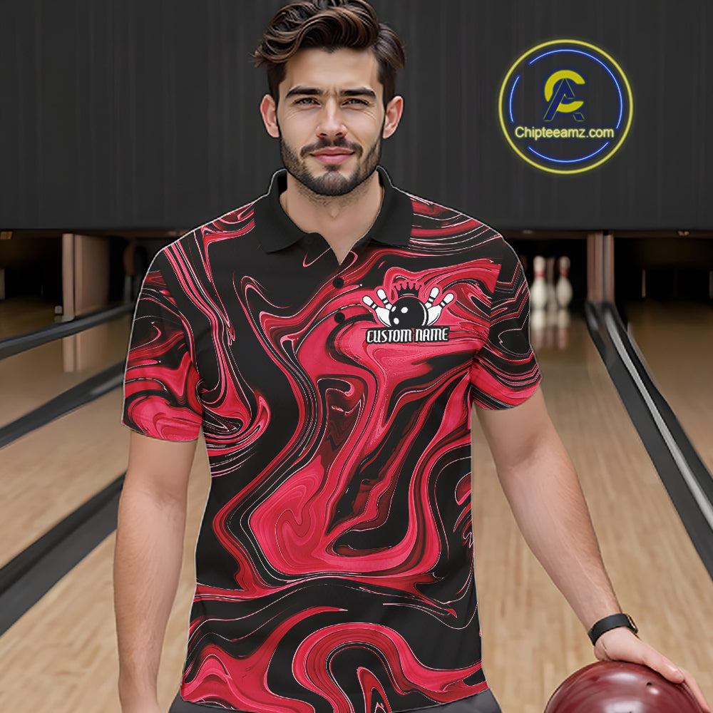 Custom Black And Red Liquid Marble Bowling Team Men Polo Shirt, Bowler Jersey IPHW12714