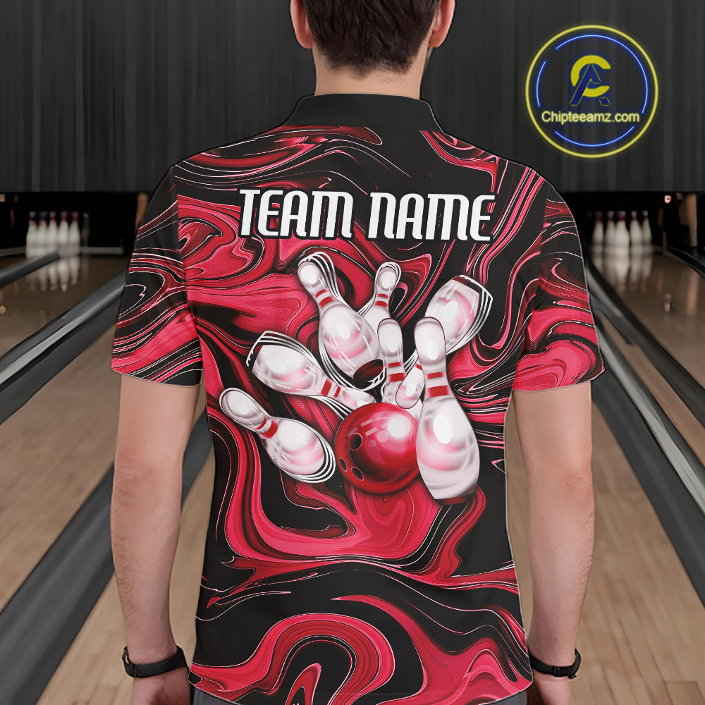 Custom Black And Red Liquid Marble Bowling Team Men Polo Shirt, Bowler Jersey IPHW12714