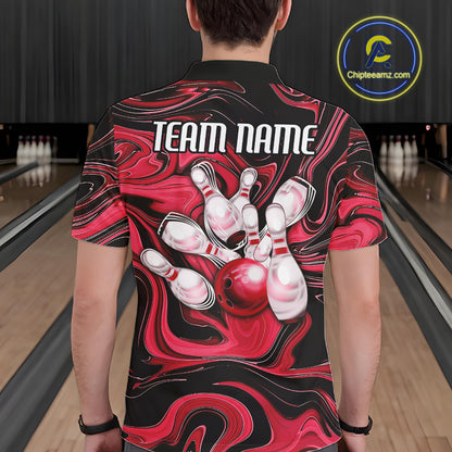 Custom Black And Red Liquid Marble Bowling Team Men Polo Shirt, Bowler Jersey IPHW12714