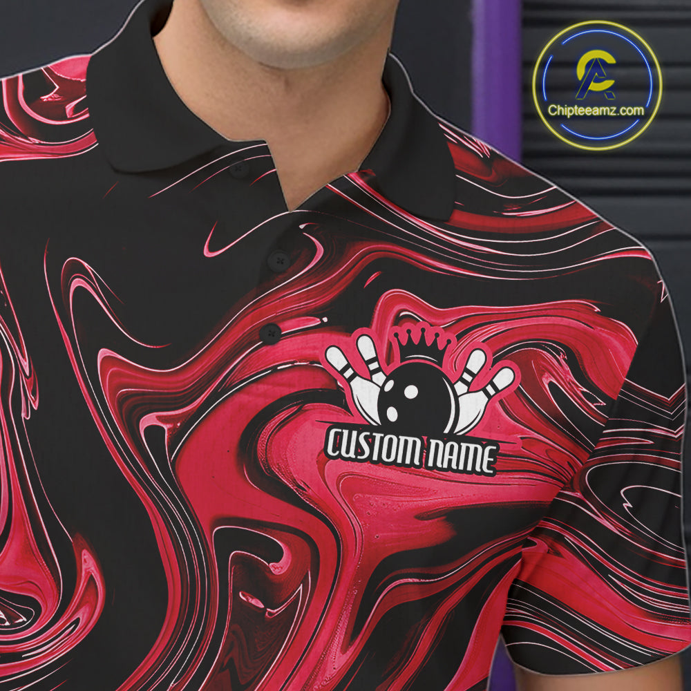 Custom Black And Red Liquid Marble Bowling Team Men Polo Shirt, Bowler Jersey IPHW12714