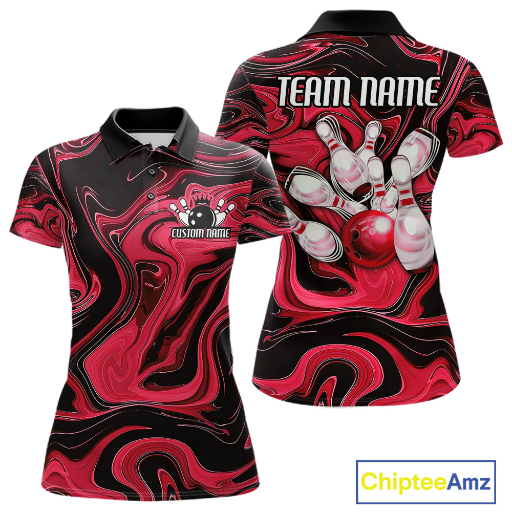Custom Black And Red Liquid Marble Bowling Team Women Polo Shirt, Bowler Jersey IPHW12714