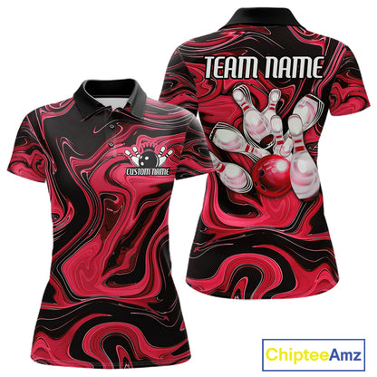 Custom Black And Red Liquid Marble Bowling Team Women Polo Shirt, Bowler Jersey IPHW12714