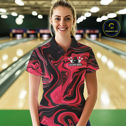 Custom Black And Red Liquid Marble Bowling Team Women Polo Shirt, Bowler Jersey IPHW12714