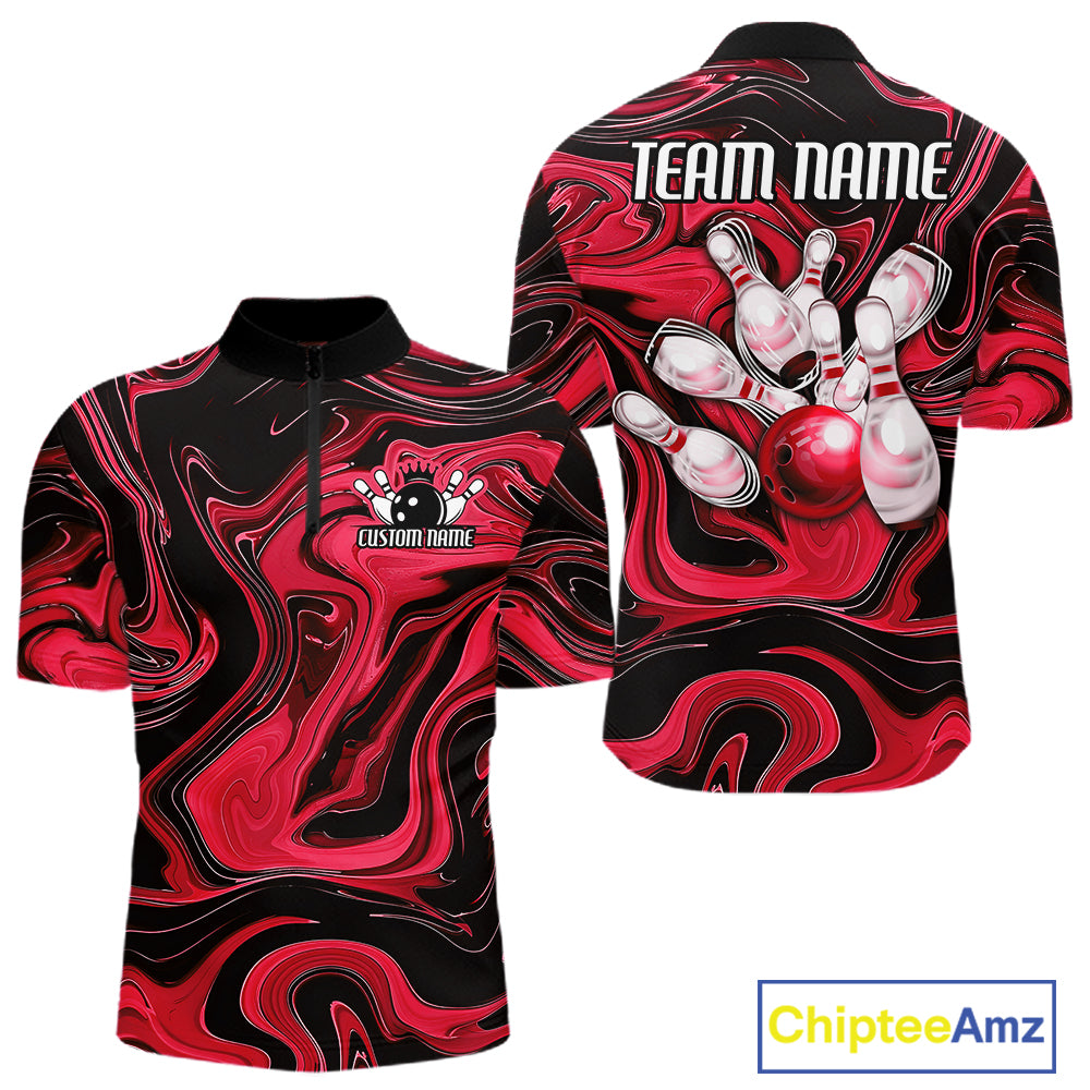 Custom Black And Red Liquid Marble Bowling Team Men Quarter Zip Shirt, Bowler Jersey IPHW12714